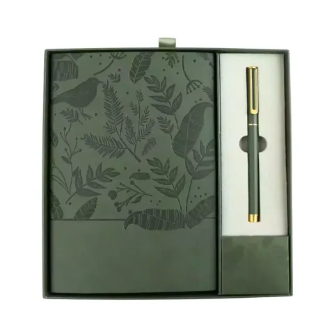 Set Caiet și Pix Floral Verde Măsliniu, în cutie, verde