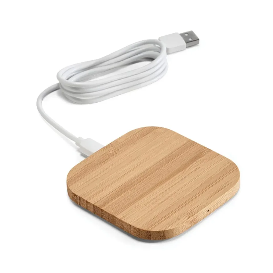Încărcător wireless Power, bambus, 9.2 × 9.2 × 0.9 cm