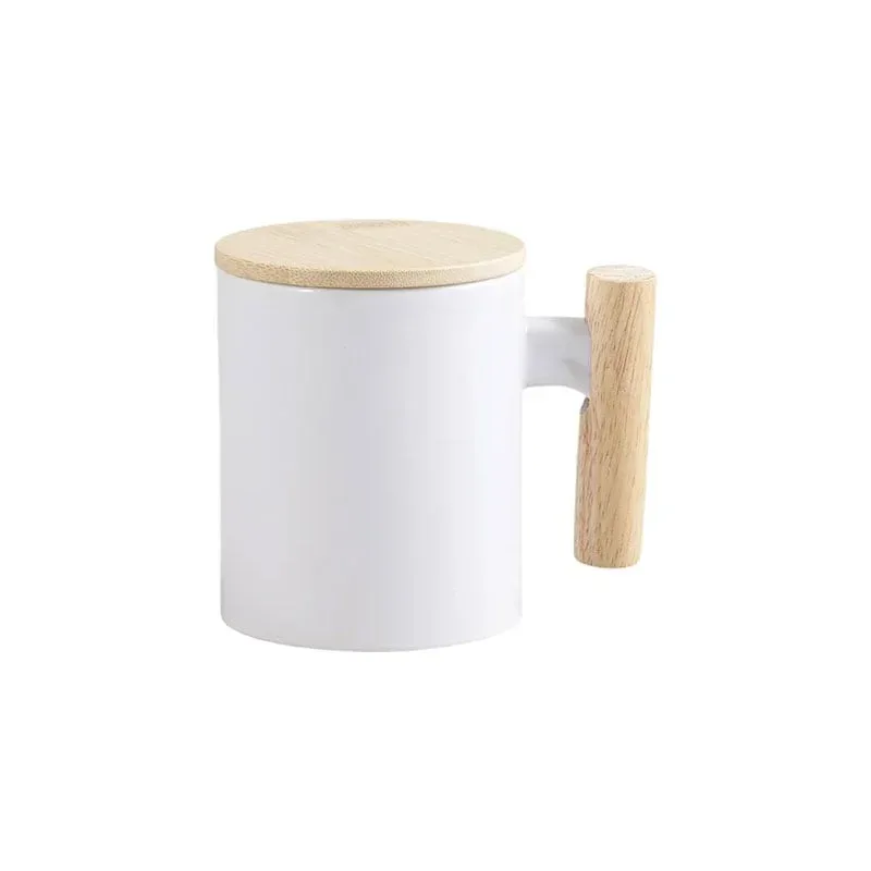 BESTSUB Ceașcă cu mâner din lemn și capac din bambus, 335 ml, alb