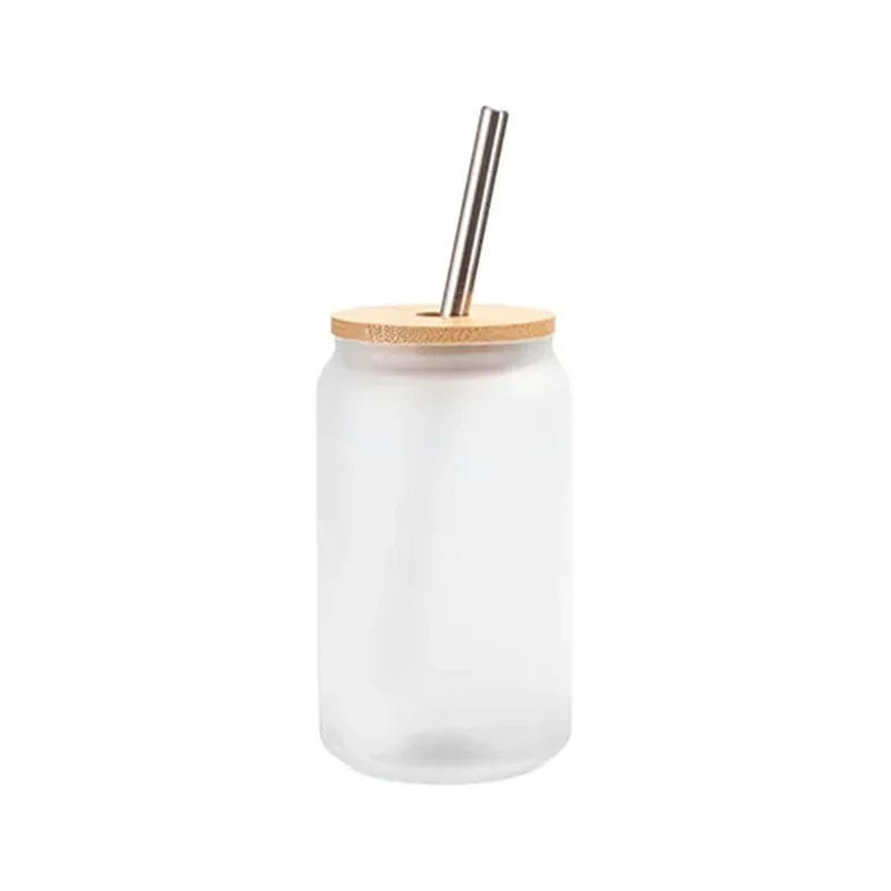 BESTSUB Pahar de sticlă mată cu capac din bambus și pai, 400 ml