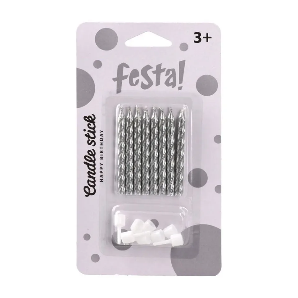 Festa Lumânări pentru tort, clasic, argintiu, 8 buc.
