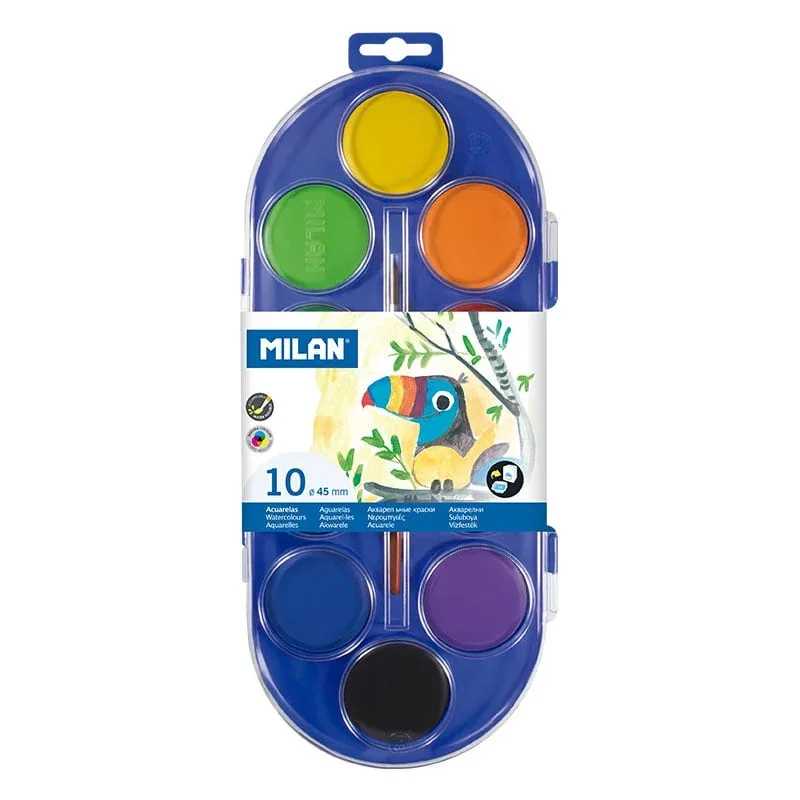 Milan Acuarele, 45 mm, 10 culori, cu pensulă inclusă