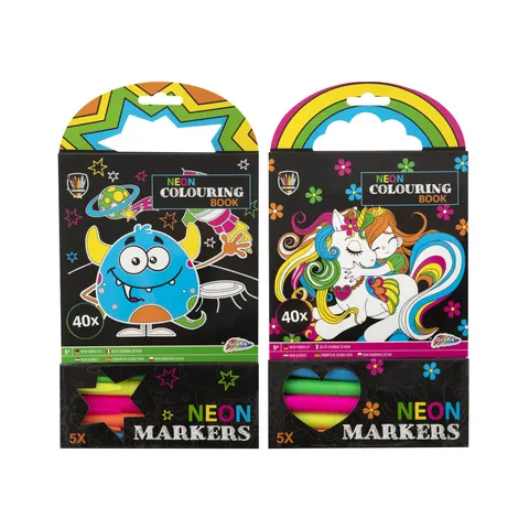 Carte de colorat Moxy, neon, asortate, cu 5 markere, 40 foi, set de 12