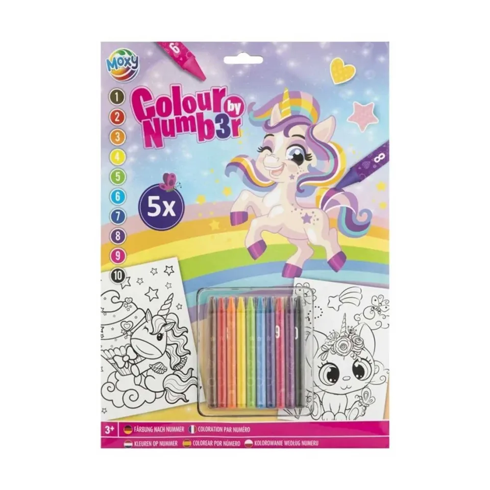 Moxy Pictură după numere Unicorn, A4, 5 coli, cu creioane cerate incluse