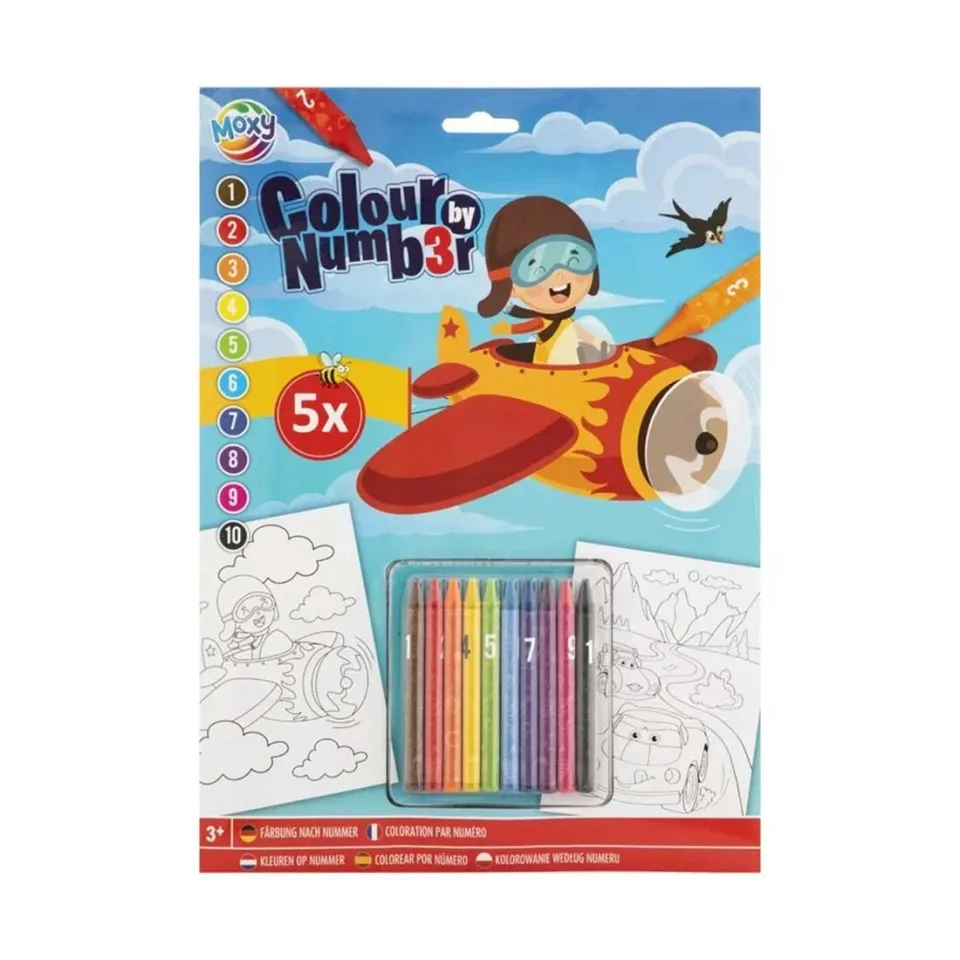 Moxy Pictură după numere Avion, A4, 5 coli, cu creioane cerate incluse