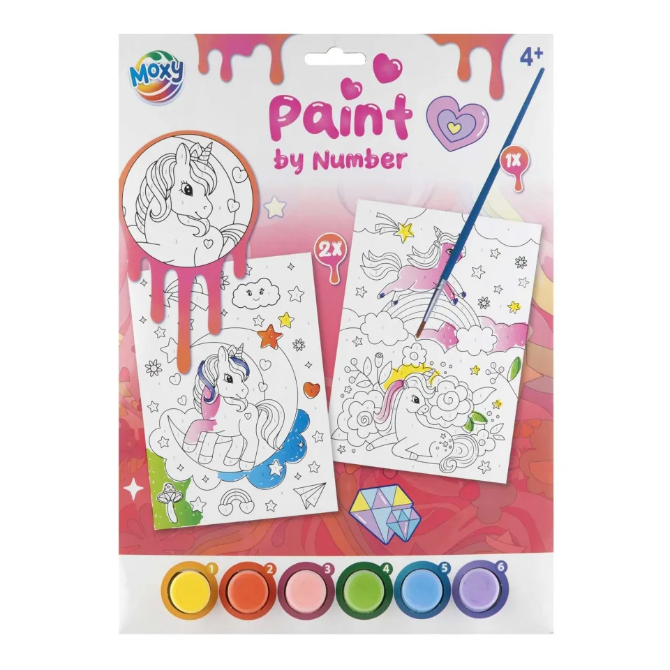Moxy Pictură după numere Unicorn, 2xA4, cu pensulă și 6 vopsele