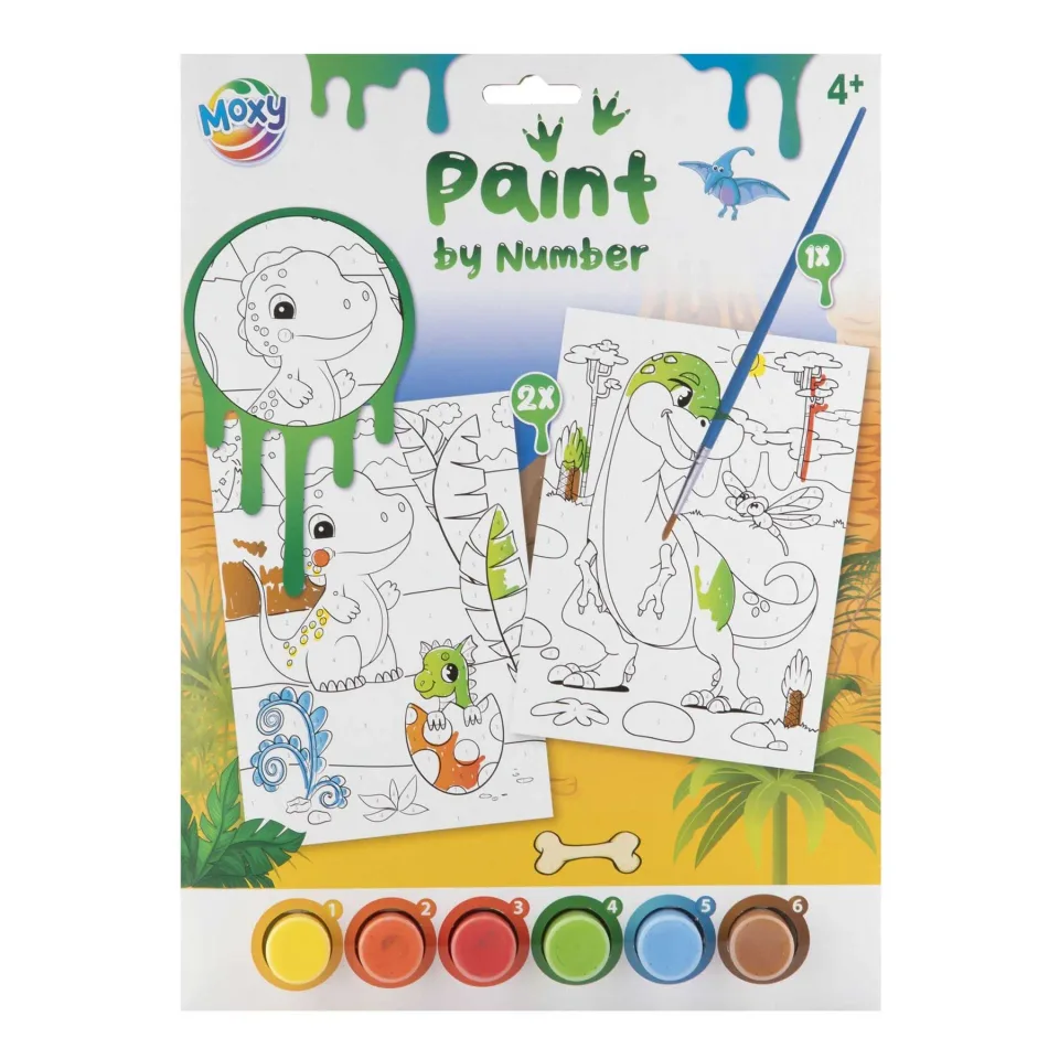 Moxy Pictură după numere Dinozaur, 2xA4, cu pensulă și 6 vopsele