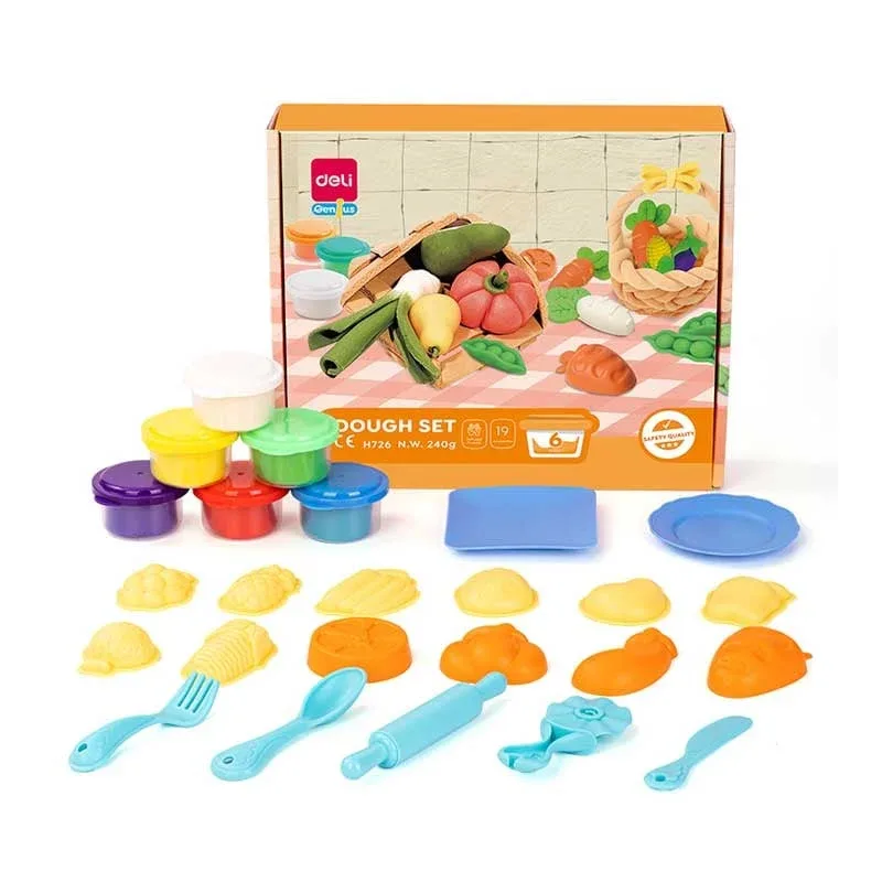 Set pastă de modelaj Deli Genius, 240 g, 6 culori, cu 19 accesorii