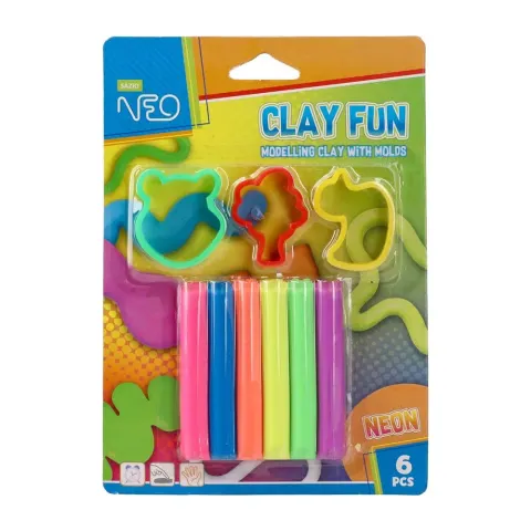 Plastilină Sazio Clay Fun, 80 g, cu forme, 6 culori neon