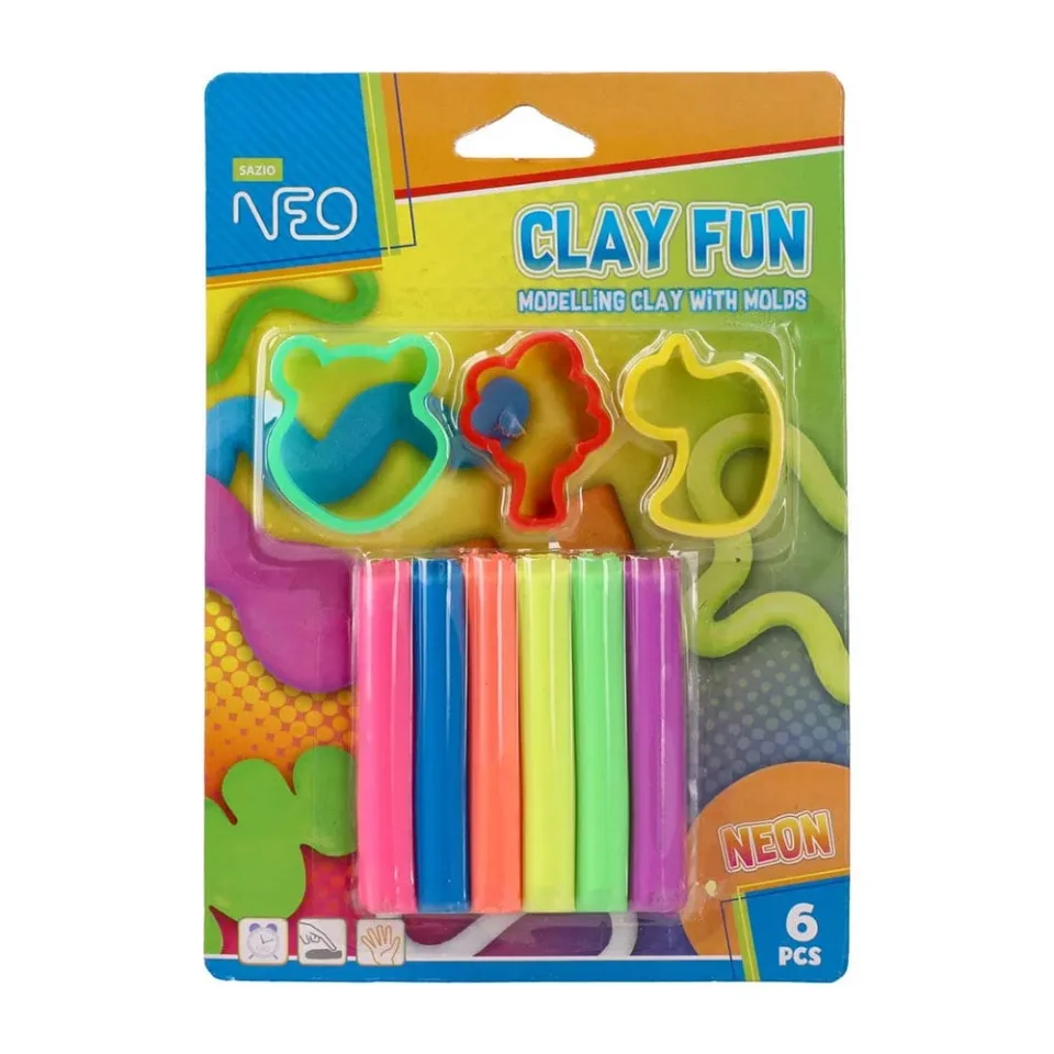 Plastilină Sazio Clay Fun, 80 g, cu forme, 6 culori neon