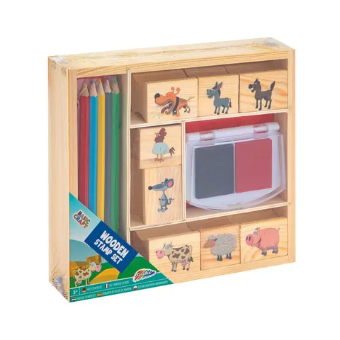 Moxy Set ștampile din lemn și creioane colorate, în cutie, albastru