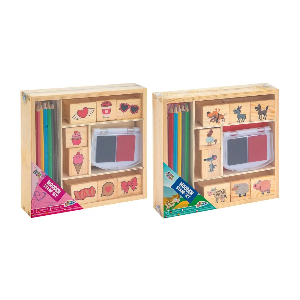 Moxy Set ștampile din lemn și creioane colorate, în cutie, asortat, 36 buc.