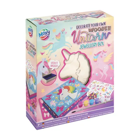 Cutie de bijuterii Moxy Unicorn, din lemn, cu abțibilduri și 6 vopsele