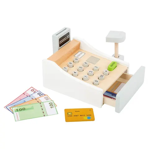 Casa de marcat Small Foot, cu bani, pentru copii, din lemn, 14 x 16 x 10 cm