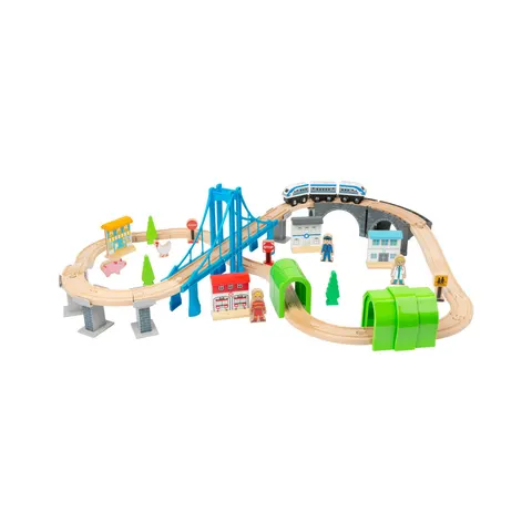 Set tren Small Foot cu șine și pod, lemn, 60 piese