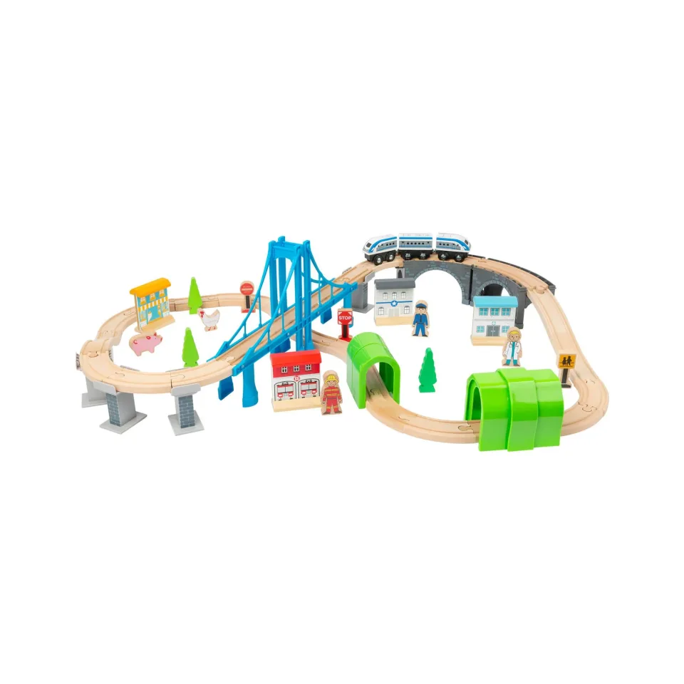 Set tren Small Foot cu șine și pod, lemn, 60 piese