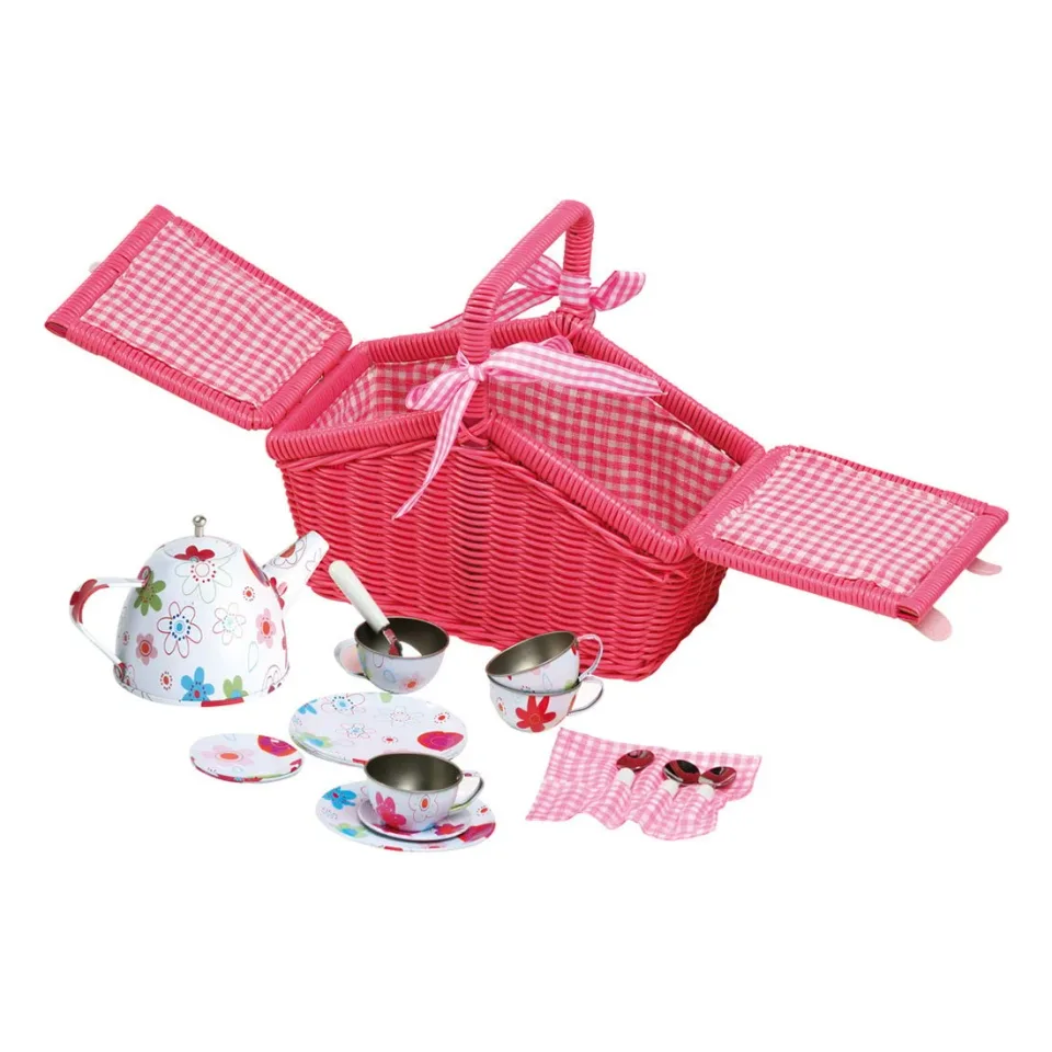 Coș de picnic Small Foot, cu set de ceai, roz
