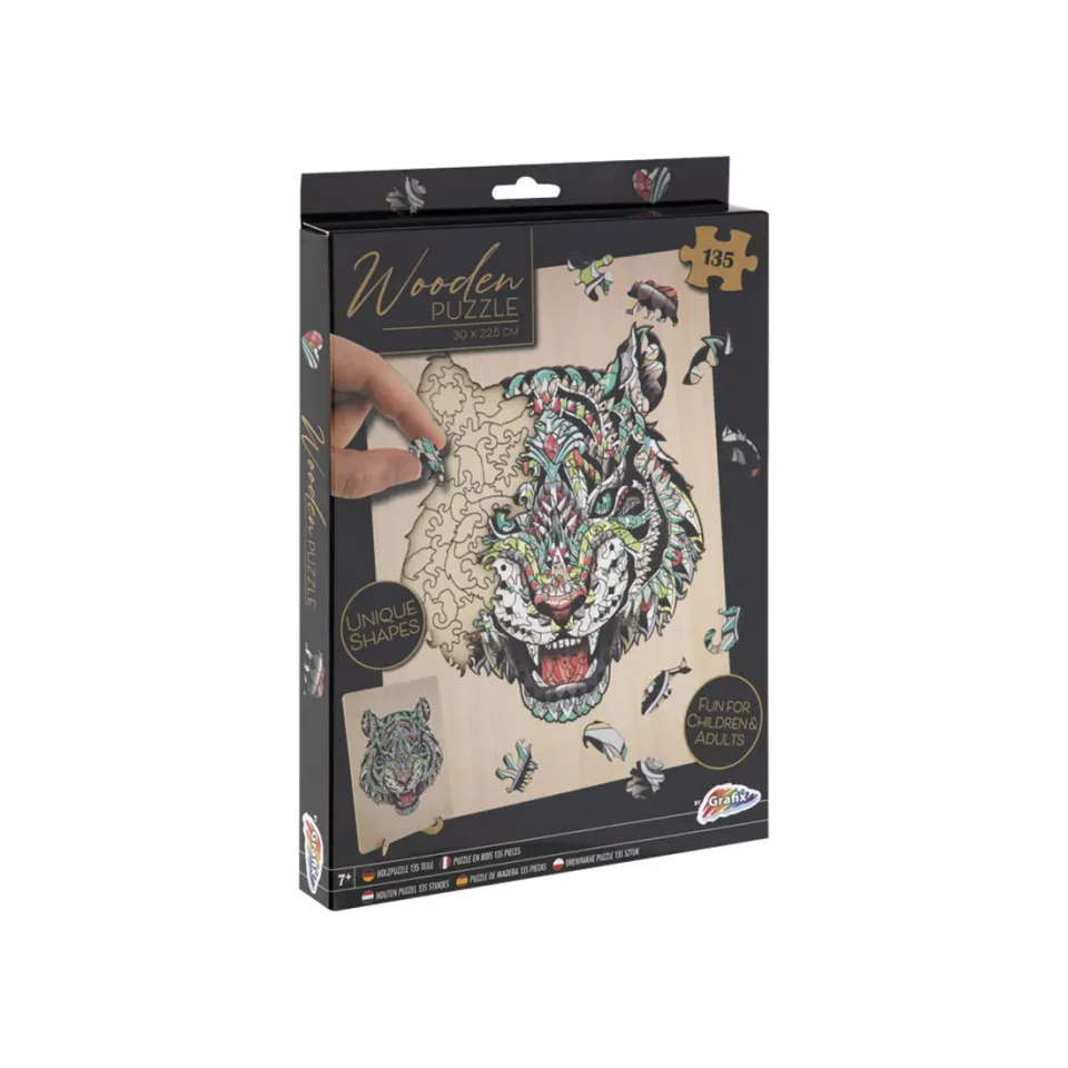 Puzzle Moxy Tigru, forme unice, din lemn, 135 buc.