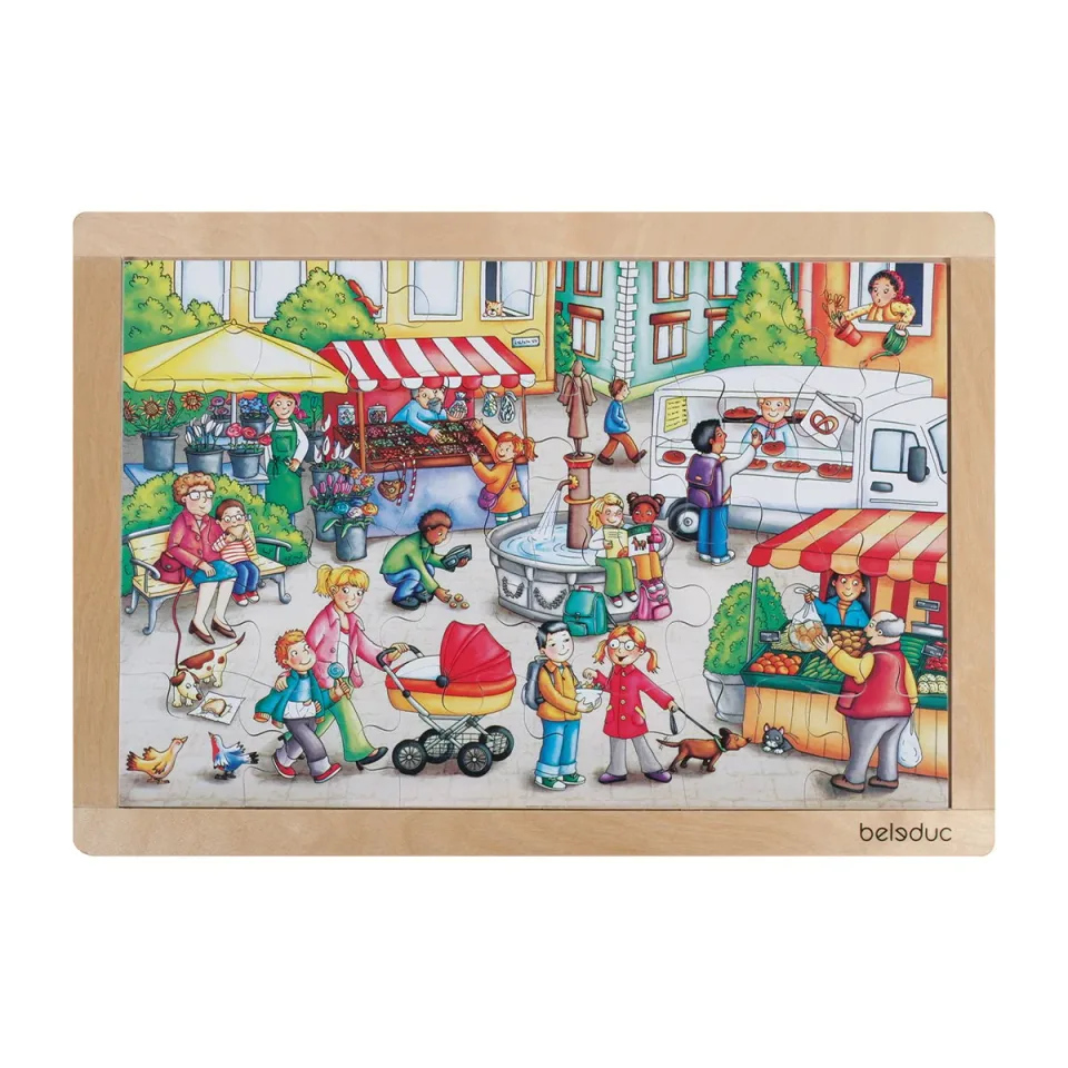 Puzzle Beleduc Market, lemn, în ramă