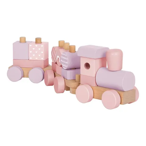 Small Foot Tren 2-în-1, lemn, 14 bucăți, roz pastel