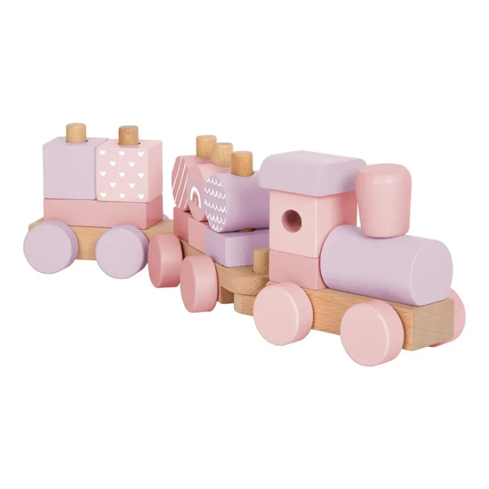 Small Foot Tren 2-în-1, lemn, 14 bucăți, roz pastel