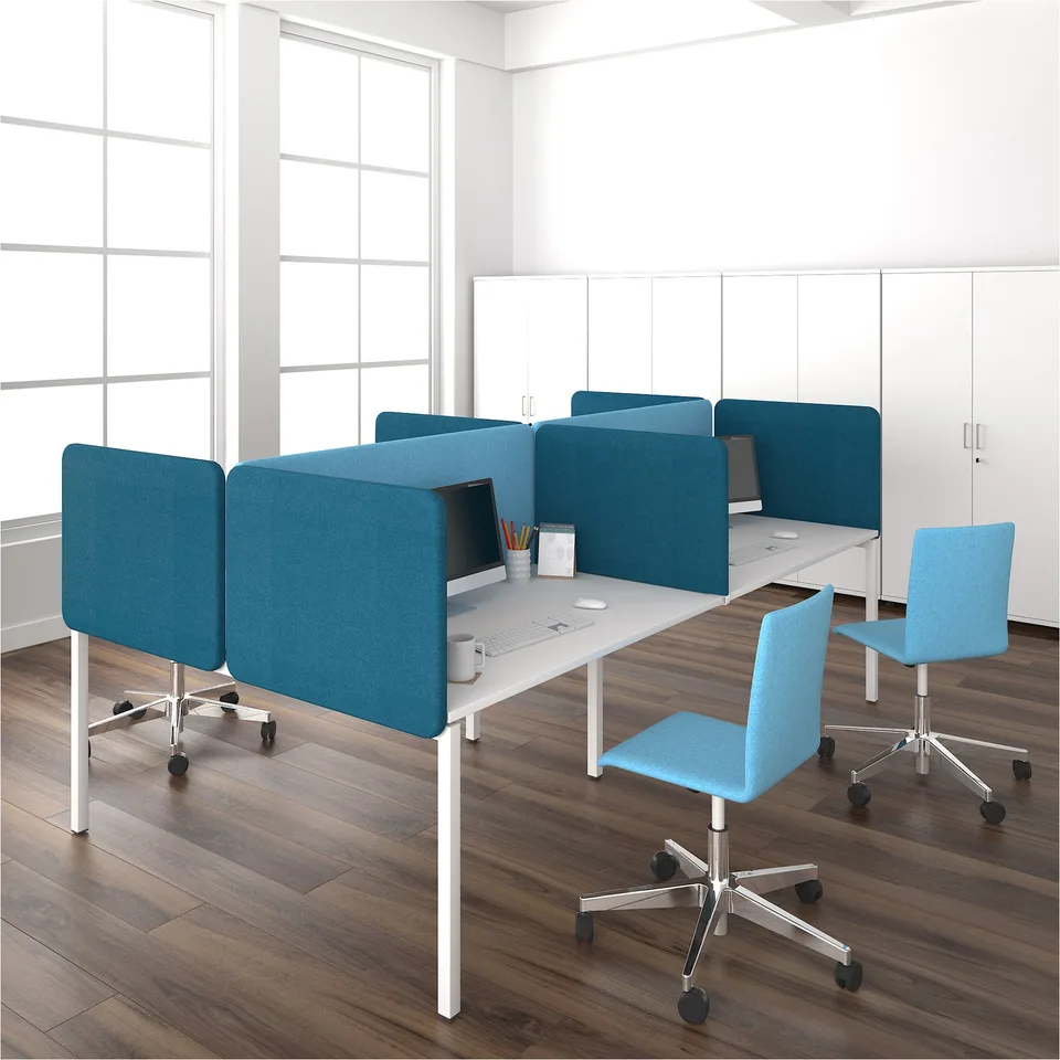 Panou separator fonoabsorbant pentru birou Narbutas Top 530, pentru birouri duble, 1600 x 36 x 530 mm, material textil Velito Presto mentă deschis, PAL 16 mm, metal gri
