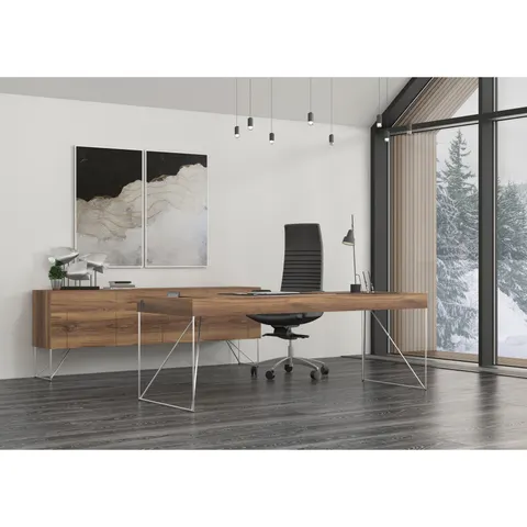 Birou Narbutas Air Executive, 2200 x 800 x 740 mm, furnir de nuc, metal alb