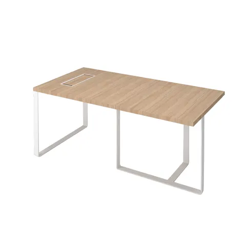 Birou Narbutas Plana, 1800 x 900 x 750 mm, melamină stejar chihlimbar, metal alb, cutie de cablu metal alb