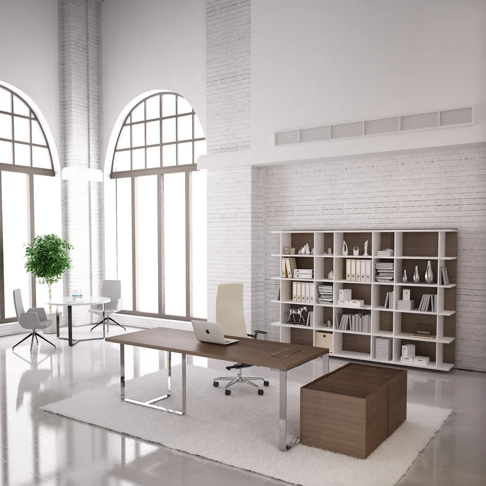 Birou Narbutas Plana, 2200 x 900 x 750 mm, furnir de stejar, metal alb, cutie de cabluri metalică albă