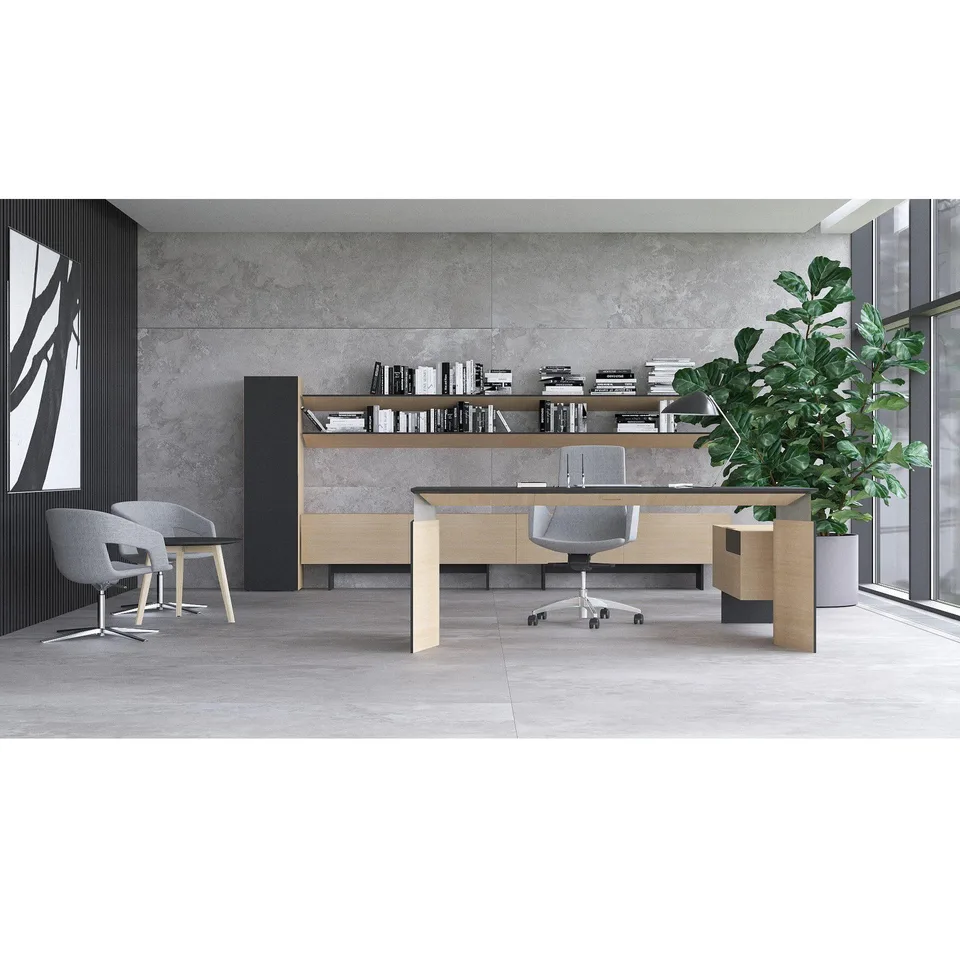 Birou cu înălțime reglabilă Narbutas Move&Lead, 1800 x 850 x 1300 mm, MDF 27 mm, blat HPL negru, furnir de frasin