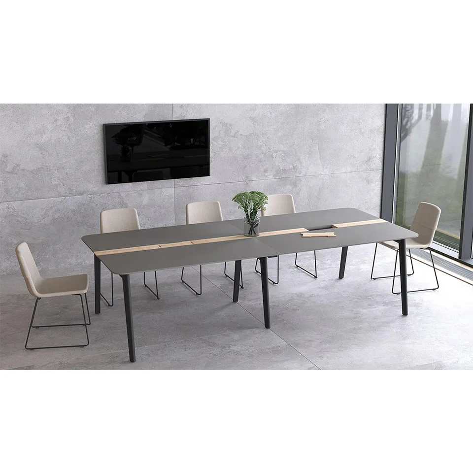 Masă de conferință Narbutas Nova Wood, 2800 x 1200 x 740 mm, blat dreptunghiular, MDF 26 mm, blat HPL negru, picioare frasin deschis