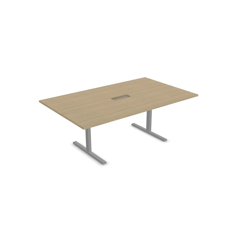 Masă de conferință Narbutas T-Easy, 2000 x 1200 x 740 mm, blat dreptunghiular, PAL 25 mm, melamină stejar albit, metal gri, picior tip I