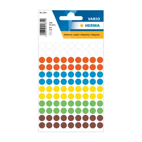 Herma Etichete autoadezive, rotunde, diametru 8 mm, 108 buc. pe coală, 5 coli, asortat