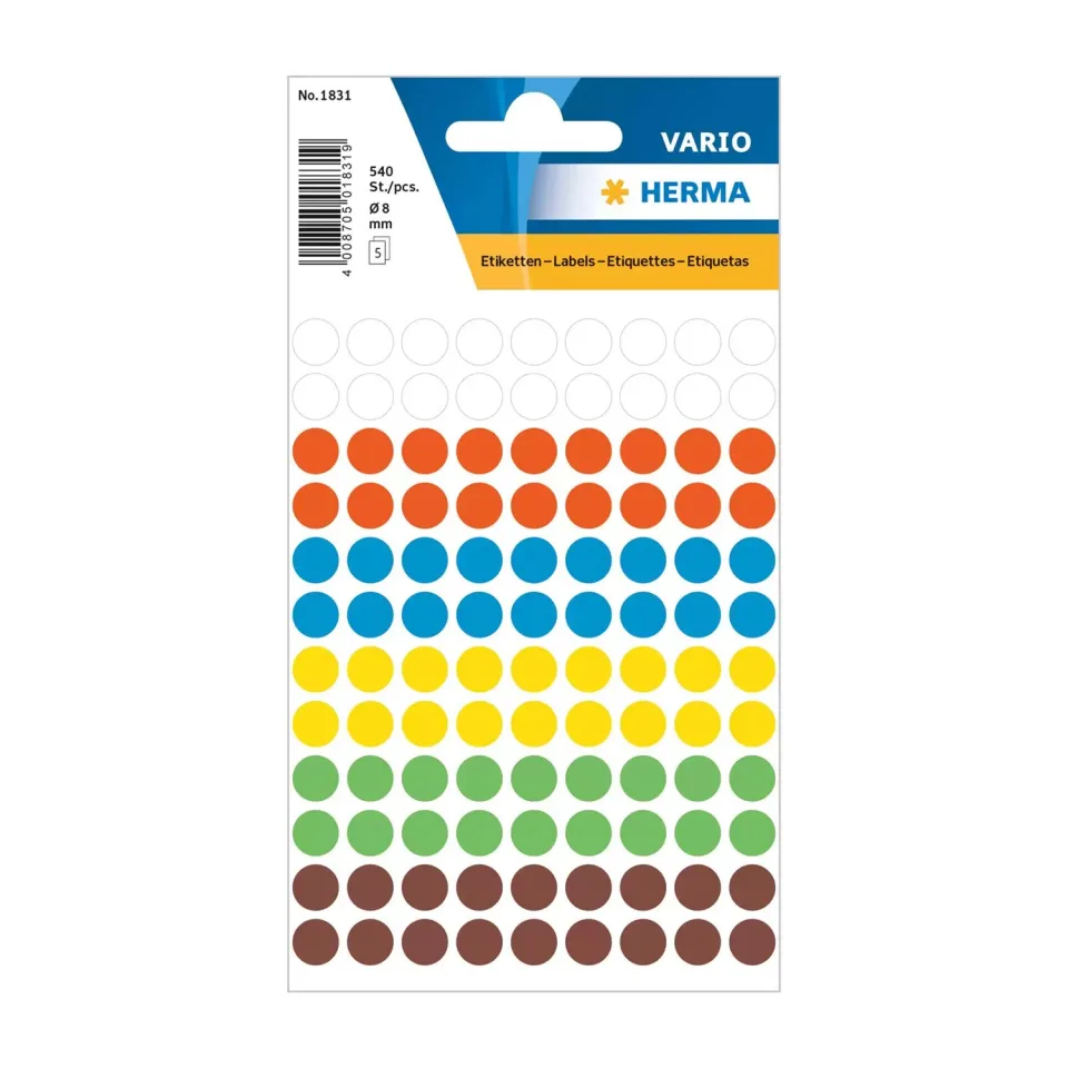 Herma Etichete autoadezive, rotunde, diametru 8 mm, 108 buc. pe coală, 5 coli, asortat