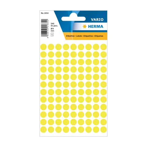 Herma Etichete autoadezive, rotunde, diametru 8 mm, 108 buc. pe coală, 5 coli, galben aprins
