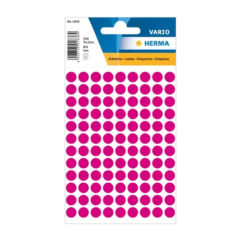Herma Etichete autoadezive, rotunde, diametru 8 mm, 108 buc. pe coală, 5 coli, roz