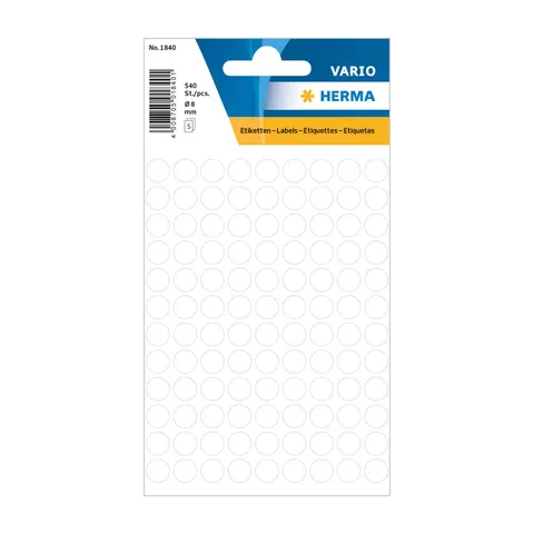 Herma Etichete autoadezive, rotunde, diametru 8 mm, 108 buc. pe coală, 5 coli, alb