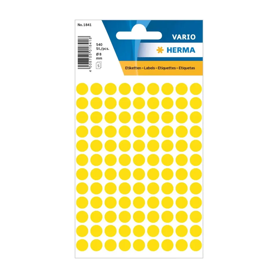 Herma Etichete autoadezive, rotunde, diametru 8 mm, 108 buc. pe coală, 5 coli, galben