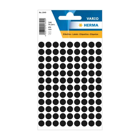 Herma Etichete autoadezive, rotunde, diametru 8 mm, 108 buc. pe coală, 5 coli, negru