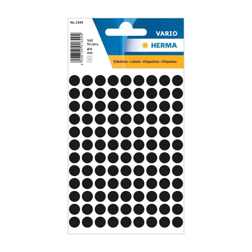 Herma Etichete autoadezive, rotunde, diametru 8 mm, 108 buc. pe coală, 5 coli, negru