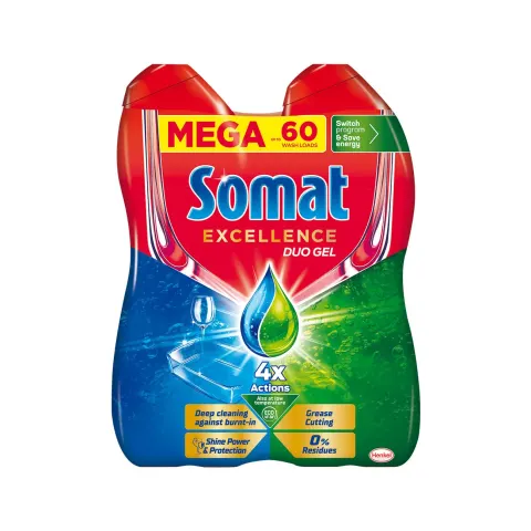 Detergent pentru mașina de spălat vase Somat Excellence Duo, gel, 1.08 L, pentru 60 de spălări, 2 buc.