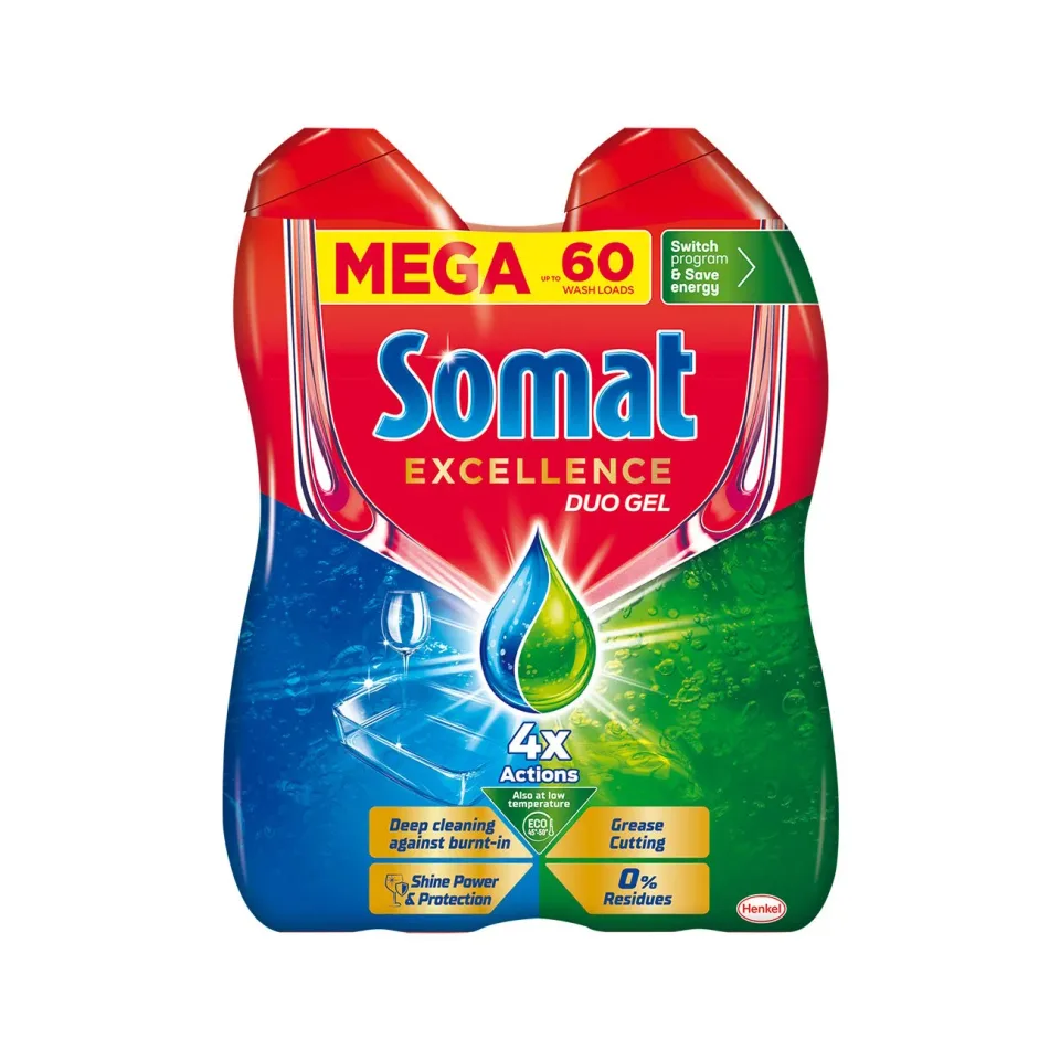 Detergent pentru mașina de spălat vase Somat Excellence Duo, gel, 1.08 L, pentru 60 de spălări, 2 buc.