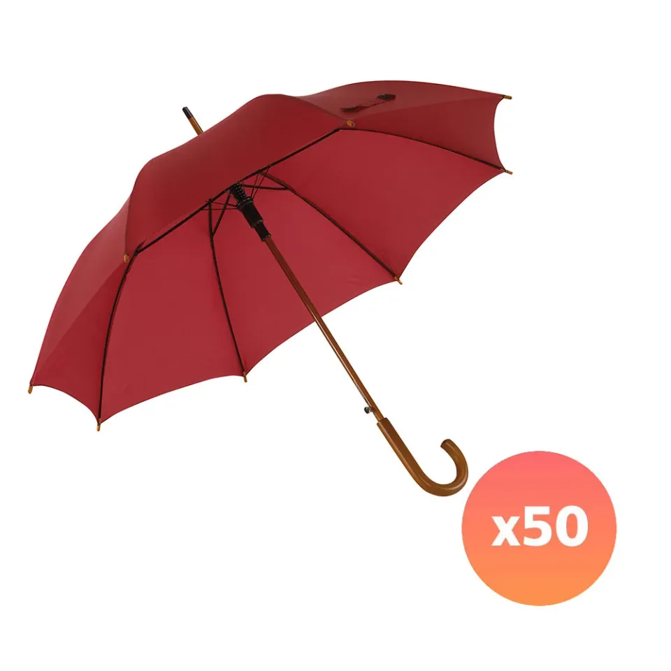 Office 1 Umbrelă Automată, Mâner Curbat din Lemn, 103 cm, Branduită, Burgundy, 50 Bucăți
