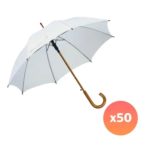 Office 1 Umbrelă Automată, Mâner Curbat din Lemn, 103 cm, Branduită, Alb, 50 Bucăți