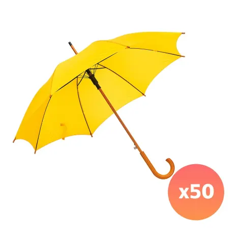 Office 1 Umbrelă Automată, Mânere Curbat din Lemn, 103 cm, Branduită, Galben, 50 Bucăți