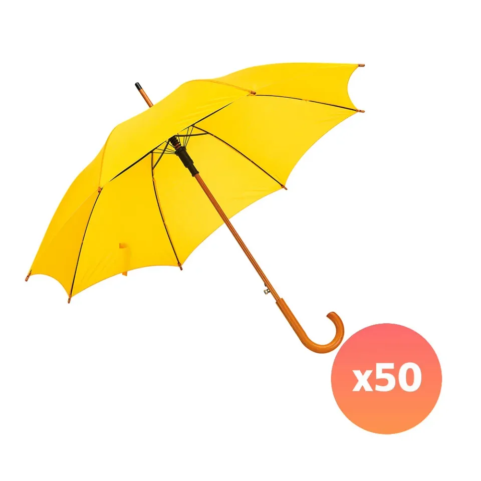 Office 1 Umbrelă Automată, Mânere Curbat din Lemn, 103 cm, Branduită, Galben, 50 Bucăți