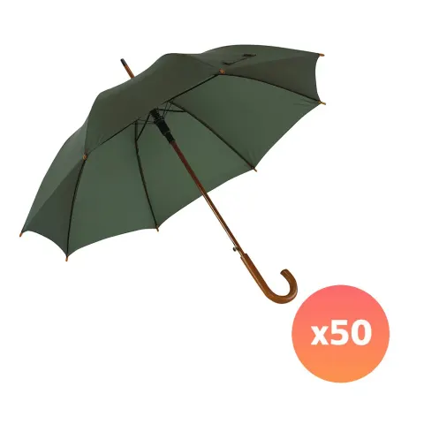 Umbrelă automată Office 1, mâner curbat din lemn, 103 cm, branduită, verde închis, 50 bucăți