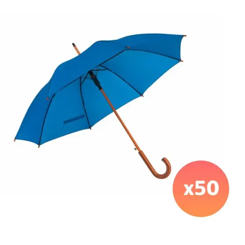 Umbrelă automată Office 1, mâner curbat din lemn, 103 cm, branduită, albastru, 50 bucăți