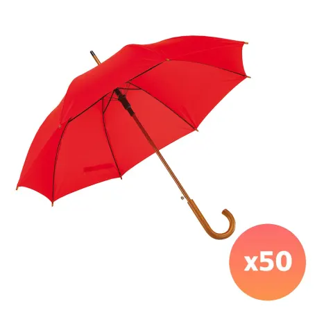 Umbrelă automată Office 1, mâner curbat din lemn, 103 cm, branduită, roșie, 50 bucăți