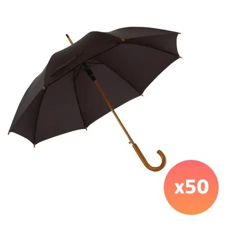 Office 1 Umbrela Automată, Mâner Curbat din Lemn, 103 cm, Branduită, Negru, 50 Bucăți